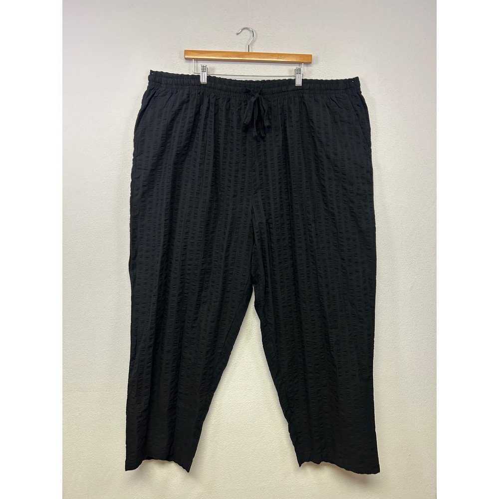 Woman Within Coastal Lagenlook Womens 32W Black Seersucker Drawstring Crop Pants